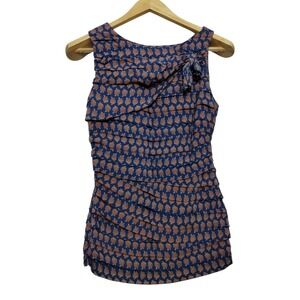 Tory Burch Women's 6 Silk Printed Sleeveless Pleated‎ Detail Top Office Career